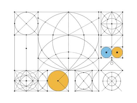 Geometric Harmony An Abstract Arrangement of Squares, Circles, Lines, and Dots, Inspired by Architectural Blueprints and Technical Drawings, Enhanced with Blue and Gold Tones vector