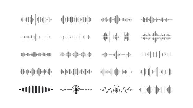 colección de audio formas de onda y micrófono íconos sonido diseño elementos para música, podcasts, y digital grabación, aislado gráficos vector