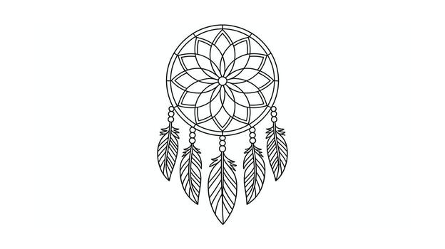 Intricate Dreamcatcher Line Art Detailed Outline of Native American Symbol with Feathers and Beads, Ideal for Coloring Pages and Graphic Design Projects, format vector