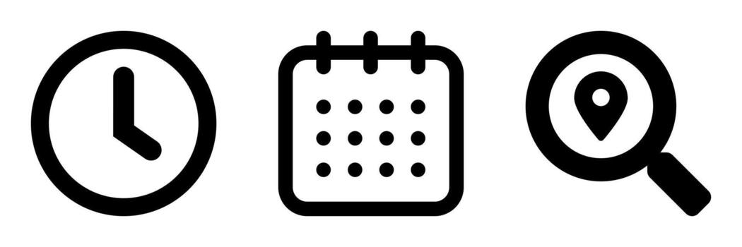 Calendar, Location, Clock Icon Set. Date, Address, Time Icon Bundle in Transparent Background and vector
