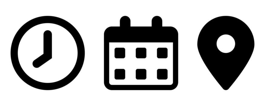 Clock, Calendar, Location Pin Icon. Address, Time, Date Symbols Illustration. Event Icon Set in and vector