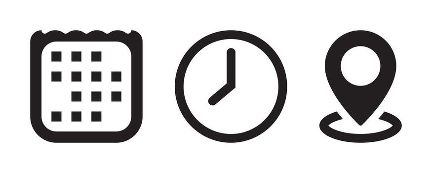 Calendar, Clock, Location Pin Icons. Event Icon Set. Address, Time, Date Symbols in and vector