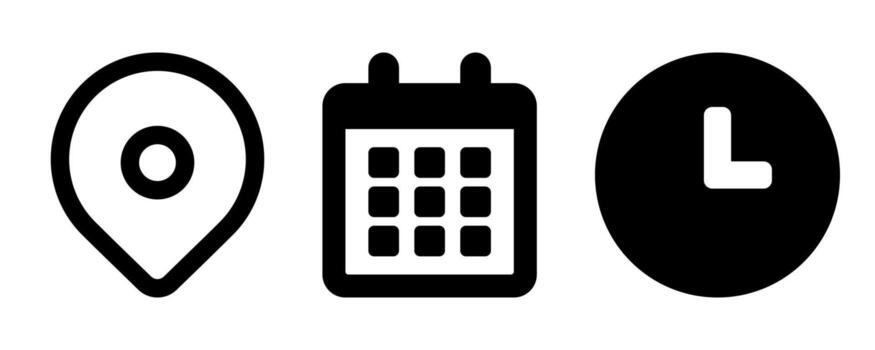 Date, Time and Location Pin Icon Set. Map Marker, Clock, Calendar Event Icons Bundle in Transparent Background and vector