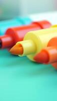 A Vibrant Array of Colorful Highlighters Resting on a Teal Surface video