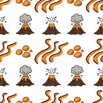sin costura modelo presentando dibujado a mano dibujos animados volcanes en erupción lava, fluido ríos de magma, y volcánico rocas, creando un juguetón y energético diseño. vector