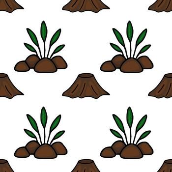 sin costura modelo presentando estilizado árbol tocones y brotante plantas en un blanco fondo, creando un juguetón aún terroso diseño. vector