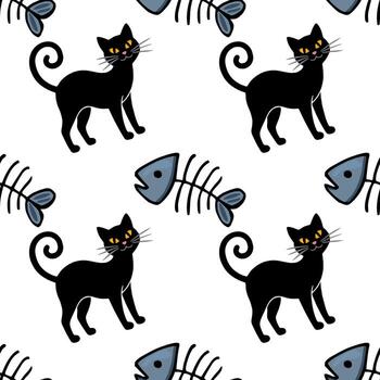 sin costura modelo presentando estilizado negro gatos con rizado cruz y gris pescado esqueletos en un blanco fondo, creando un juguetón y caprichoso diseño. vector