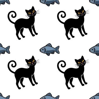 sin costura modelo presentando estilizado negro gatos con rizado cruz y pequeño azul pez, creando un juguetón y caprichoso diseño ideal para textil huellas dactilares o web antecedentes. vector
