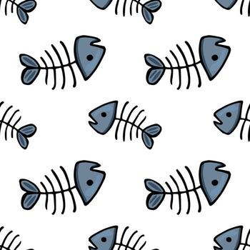 Seamless pattern featuring stylized blue fish skeletons, creating a whimsical and repeating design ideal for textile prints or playful backgrounds. vector