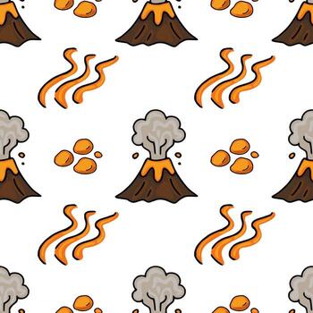 Seamless pattern featuring hand-drawn cartoon volcanoes erupting orange lava and smoke, accompanied by scattered rocks and lava flows, creating a playful yet dynamic design. vector