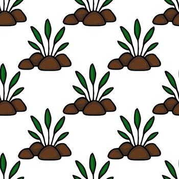 Seamless pattern of stylized green sprouts emerging from brown stones, creating a minimalist nature-inspired design ideal for various applications. vector