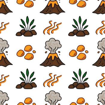 Seamless pattern featuring hand-drawn illustrations of volcanoes erupting, lava flows, rocks, and sprouting plants, creating a playful yet dynamic geological landscape. vector