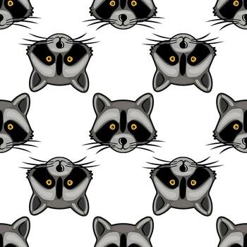 Seamless pattern featuring playful raccoon faces with bright yellow eyes, alternating between upright and upside-down positions, creating a dynamic and whimsical design. vector