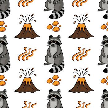 Seamless pattern featuring adorable cartoon raccoons and erupting volcanoes, creating a playful yet subtly adventurous design. vector