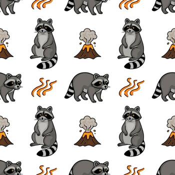 sin costura modelo presentando juguetón mapaches y en erupción volcanes, creando un caprichoso y aventurero diseño ideal para varios aplicaciones vector