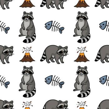 Seamless pattern featuring playful raccoons, erupting volcanoes, and fish skeletons, creating a whimsical and adventurous design. vector