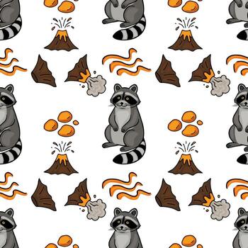 Seamless pattern featuring adorable cartoon raccoons amidst erupting volcanoes and lava flows, creating a playful yet slightly mischievous design. vector