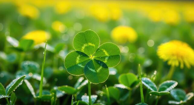 four leaf clover a lucky charm in a dandelion meadow photo