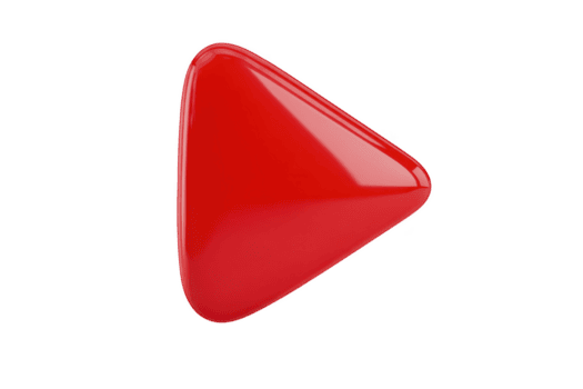 Shiny red 3D play button icon with glossy finish, isolated on transparency background. triangular shape is smooth and reflective, symbolizing media and digital content png