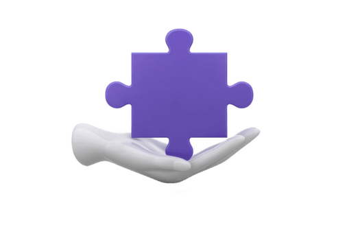 bianca mano detiene viola puzzle pezzo, simboleggiante problema soluzione e creatività. Immagine trasporta senso di supporto e innovazione, con messa a fuoco su lavoro di squadra e soluzioni png
