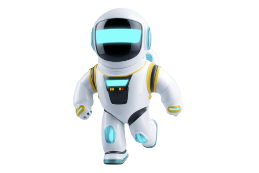 Cute, futuristic astronaut character with glowing visor and suit details, floating in space. design is sleek and modern, with playful and adventurous vibe png
