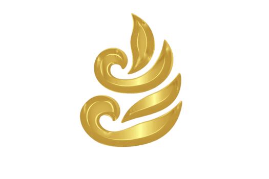 Golden abstract logo design featuring swirling shapes and leaf like elements, conveying elegance and sophistication. shiny metallic finish adds luxurious touch png