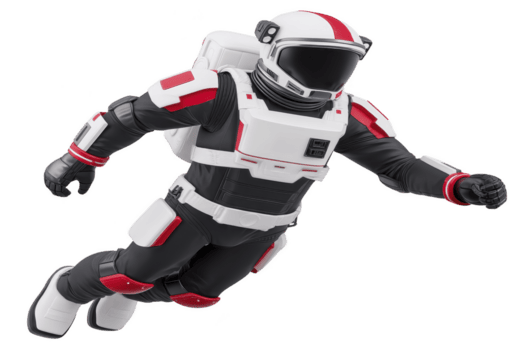 Futuristic astronaut in sleek black, white, and red spacesuit is floating in space, showcasing advanced technology and design. suit features helmet and backpack, emphasizing exploration png