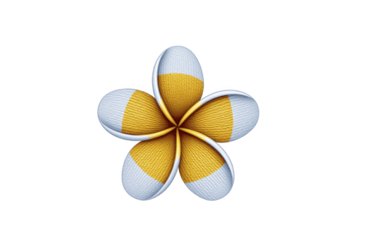 Digitally created abstract flower with five petals, each featuring textured pattern in white and yellow, set against transparent background. design is symmetrical and visually striking png