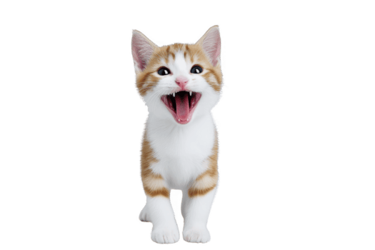 Playful orange and white kitten with open mouth stands on transparency background, expressing curiosity and excitement. kitten fur pattern is distinct, adding to its charm png
