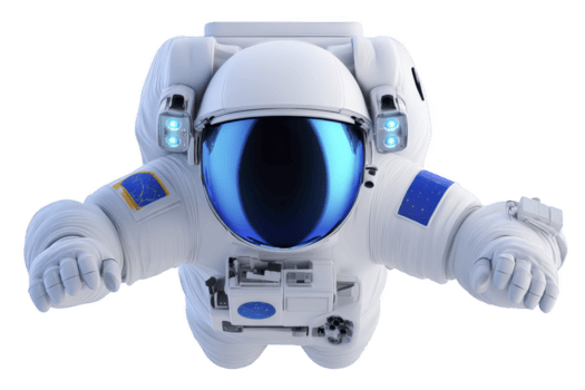 astronauta en blanco traje espacial con azul visera y parches flotadores en espacio, exhibiendo avanzado tecnología y exploración. traje caracteristicas varios equipo y luces png