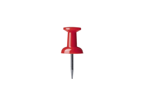 Red pushpin with shiny surface and sharp metal point is isolated on transparency background, commonly used for pinning notes or papers on bulletin boards png