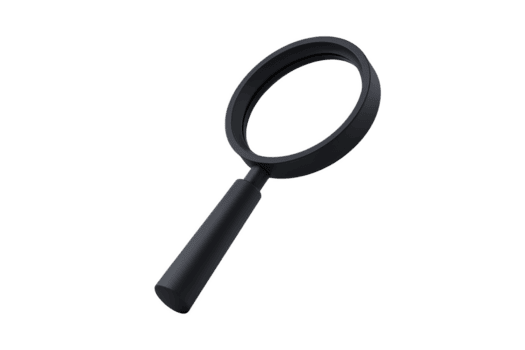 Black magnifying glass with simple design is shown transparency background, emphasizing its sleek and minimalist style. magnifying glass is angled slightly, highlighting its circular lens png