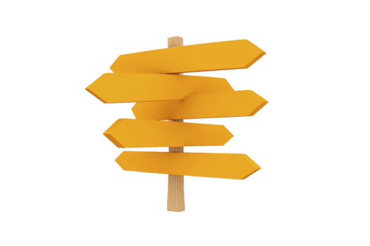 trä- posta med flera olika tom gul riktnings tecken pekande i olika vägbeskrivningar, symboliserar val och vägledning. tecken är enkel och vibrerande, stående ut mot enkel bakgrund png