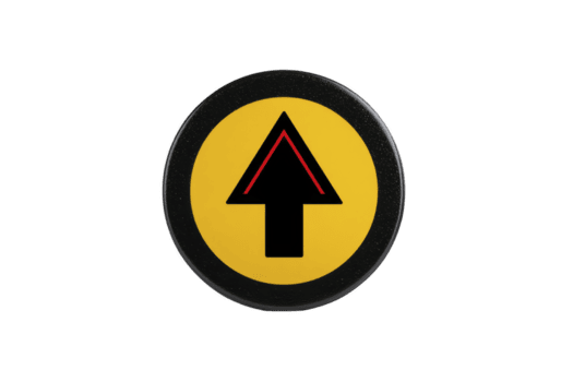 Round yellow and black button features bold upward arrow symbol, indicating direction or movement. design is simple and clear, often used for navigation or guidance purposes png