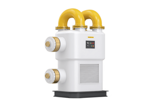 Modern industrial machine with yellow pipes and control panel, designed for efficient processing. sleek design and bright colors suggest advanced technology and functionality png