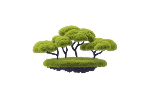 Cluster von klein, stilisiert Grün Bäume mit gerundet Überdachungen erscheint zu schweben Patch von Erde, Erstellen wunderlich und heiter Szene. beschwingt Grün Laub Kontraste mit dunkel Boden, hervorrufen Sinn png