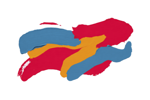 Abstract brush strokes in vibrant red, blue, and orange create dynamic and energetic composition on transparency background. textured paint adds depth and movement to artwork png