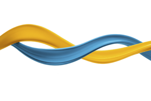 dinámica resumen imagen presentando entrelazados azul y amarillo cintas creando ola me gusta modelo. suave curvas y vibrante colores evocar sentido de movimiento y energía png