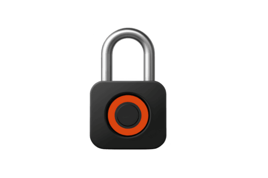 zwart hangslot met zilver beugel en oranje circulaire ontwerp Aan voorkant, symboliseert veiligheid en bescherming. slot is geïsoleerd Aan transparantie achtergrond, benadrukkend haar modern ontwerp png