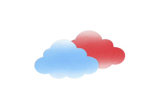 Two colorful clouds, one blue and one red, with soft gradient effect, create whimsical and dreamy atmosphere. simple design evokes sense of calm and creativity png