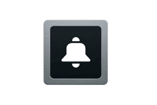 Metallic square button with bell icon in center, symbolizing notifications or alerts. button has sleek, modern design with brushed metal texture, giving it contemporary look png