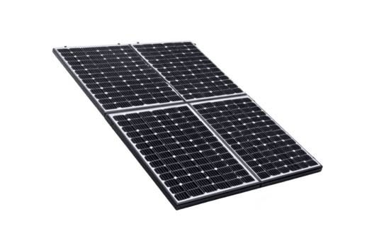 Solar panel with four sections is shown, featuring grid of photovoltaic cells designed for efficient energy conversion. panel is angled, highlighting its sleek design and modern technology png