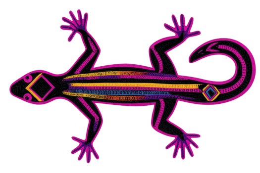 Vibrant, abstract lizard illustration with geometric patterns and bright colors, showcasing unique artistic style. design features bold lines and vivid hues, creating striking visual effect png