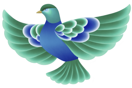 Stylized illustration of bird with vibrant blue and green feathers, showcasing dynamic pose with outstretched wings. design features intricate patterns and smooth gradient, creating sense png