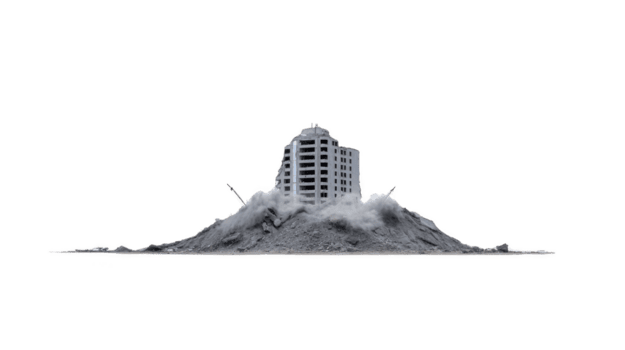 edificio è essere demolito, circondato di polvere e detriti, la creazione di drammatico scena. struttura è parzialmente crollato, con visibile Fumo e macerie, illustrare energia di demolizione png