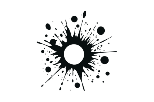 zwart inkt geklater met centraal circulaire vorm en uitstralend druppels creëert dynamisch en artistiek effect. ontwerp is abstract en kan worden gebruikt voor creatief projecten png