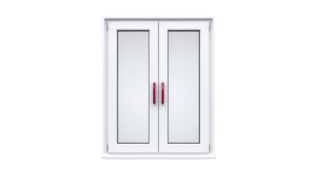White double pane window with red handles is shown against plain background, highlighting its modern design and functionality. window features clean, minimalist style suitable for contemporary png
