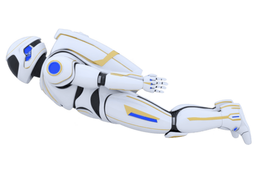 trogen humanoid robot i dynamisk flygande utgör, visa upp elegant vit och blå design element, representerar Avancerad teknologi och innovation. robot strömlinjeformat form föreslår rörlighet och hastighet png