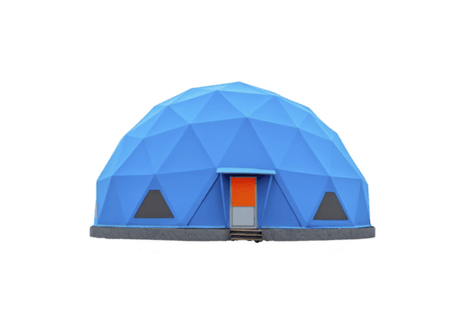 Blue geodesic dome with triangular panels and orange door, featuring small triangular windows, stands isolated on transparency background. structure is modern and innovative png