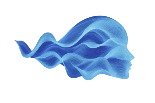 Flowing abstract design in shades of blue forms silhouette of face, evoking sense of calm and creativity. wavy lines create dynamic and ethereal effect png